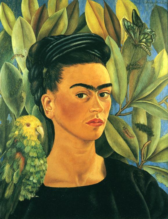 Frida Kahlo's self-portrait with a green parrot on her shoulder against a backdrop of yellow-green foliage