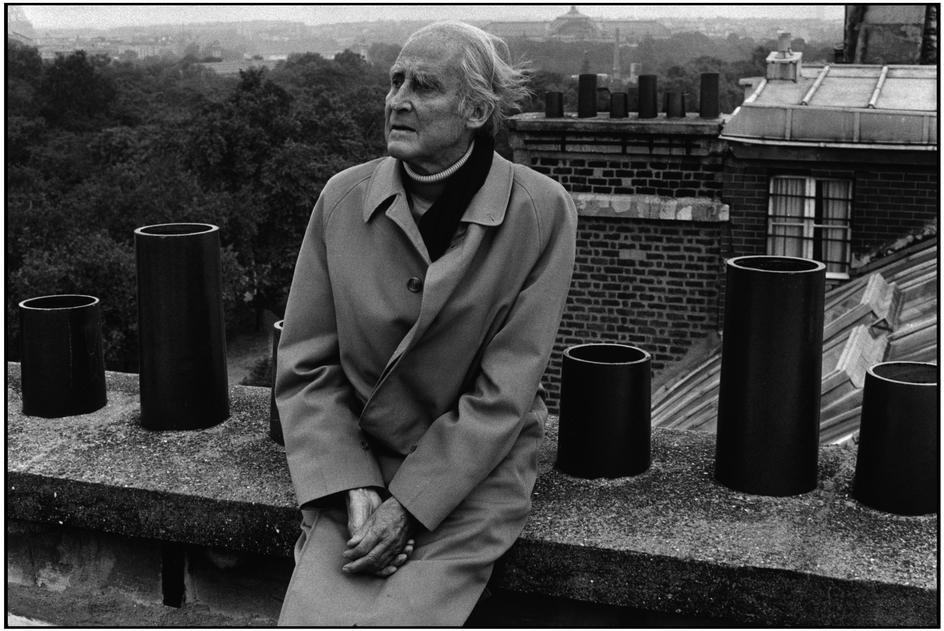 An elderly man in a coat stands on a rooftop among chimney stacks, with greenery and houses visible in the distance