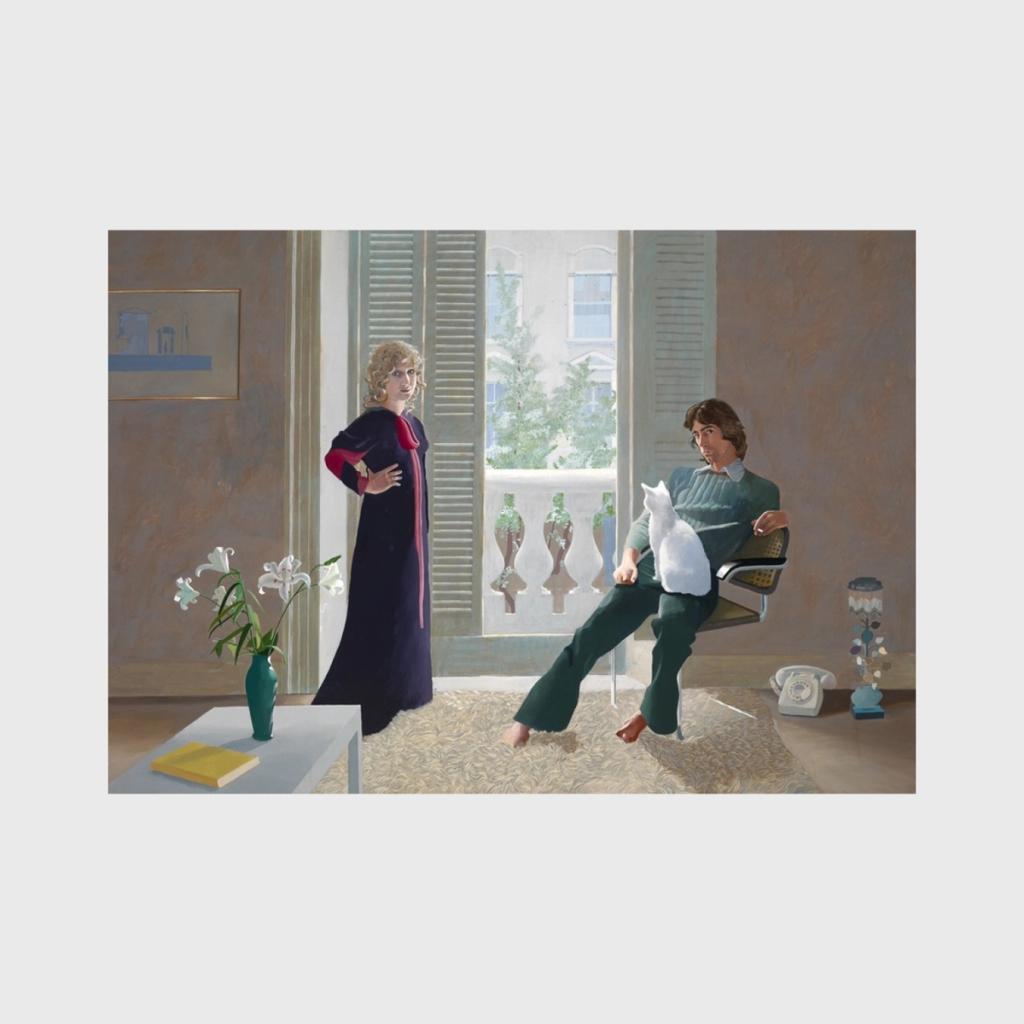 A Hockney painting, Mr and Mrs Clark and Percy: a couple by a window and a white cat
