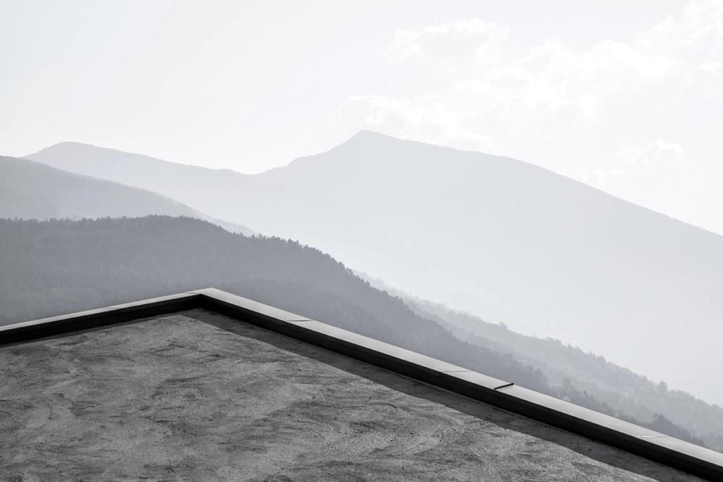 The concrete pitched roof of the house against forest-covered Alpine peaks