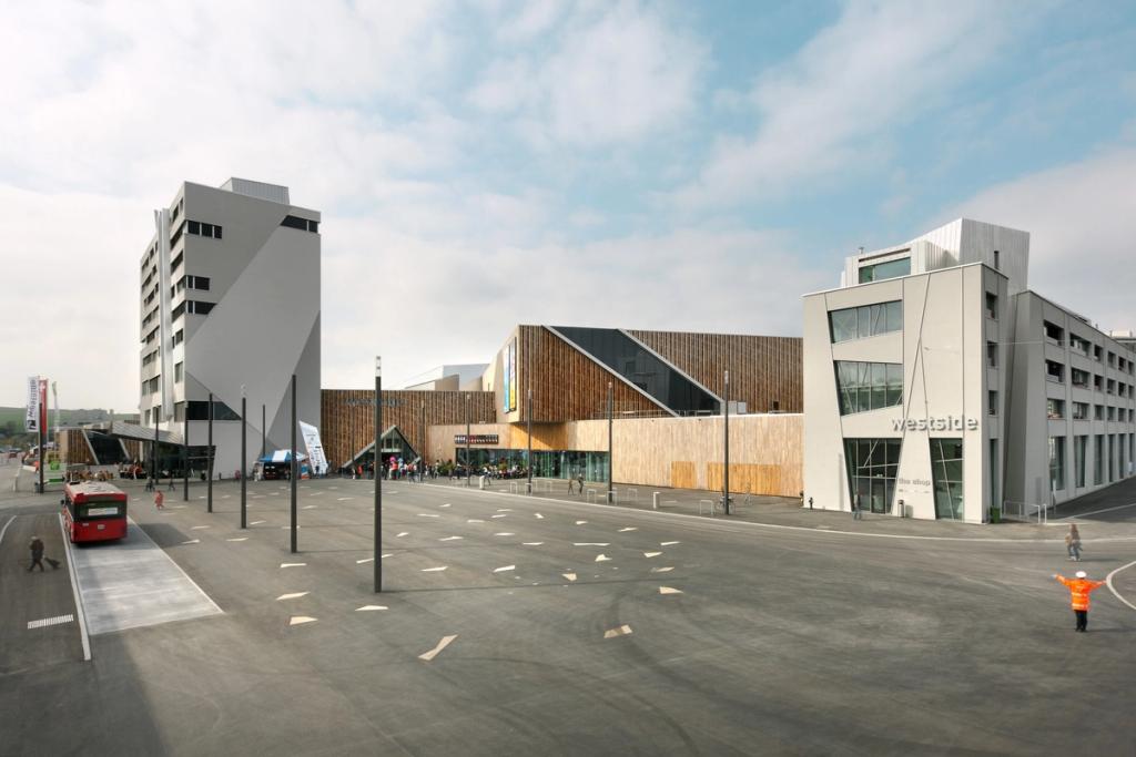 The square in front of the Westside centre, with its timber and white angular facades designed by Daniel Libeskind
