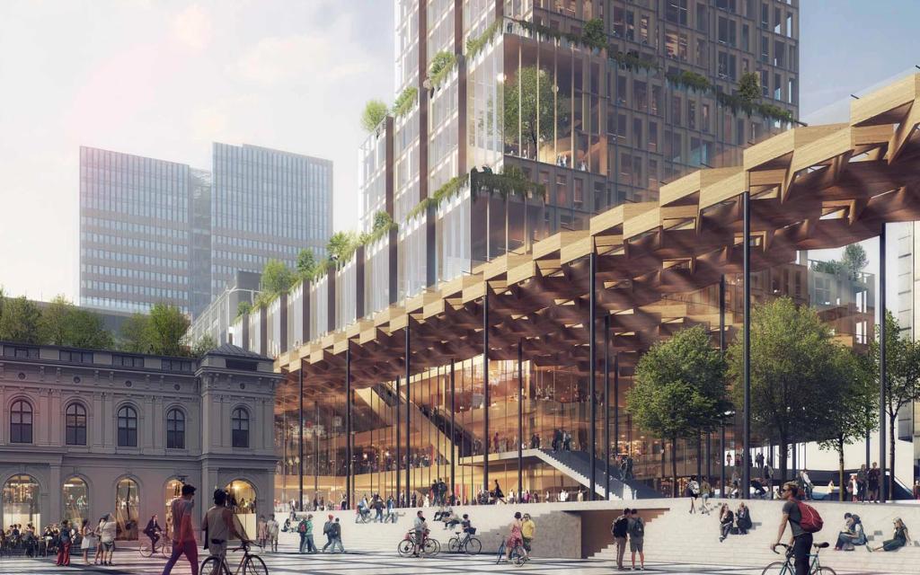 Architectural render of the Nordisk Lys building with a stepped timber structure and a square filled with cyclists