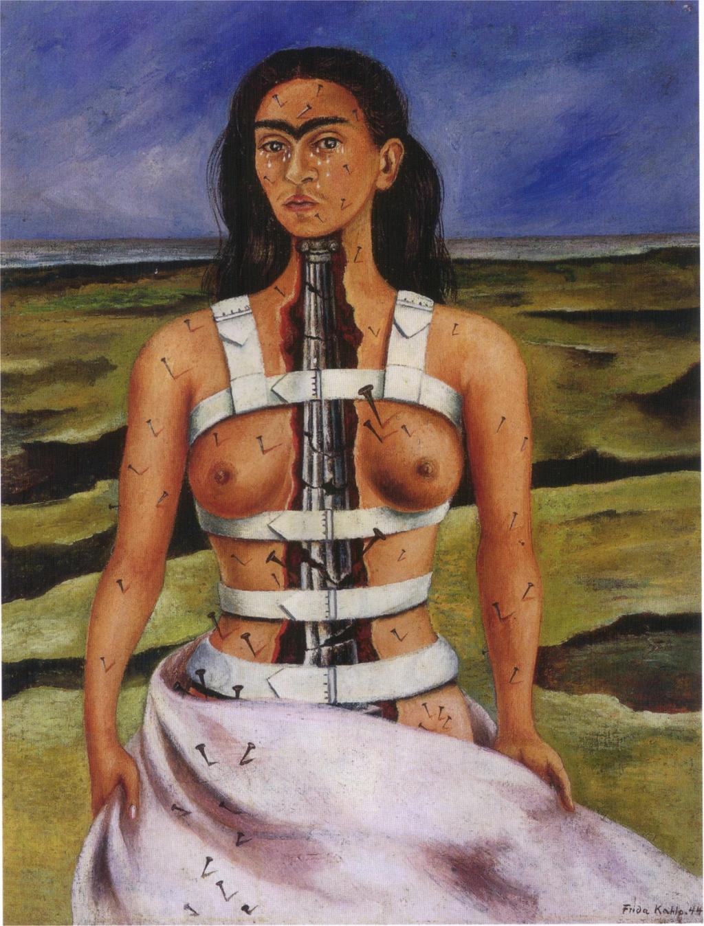 Frida Kahlo's painting The Broken Column: an open torso with a cracked column in place of the spine and nails across the body