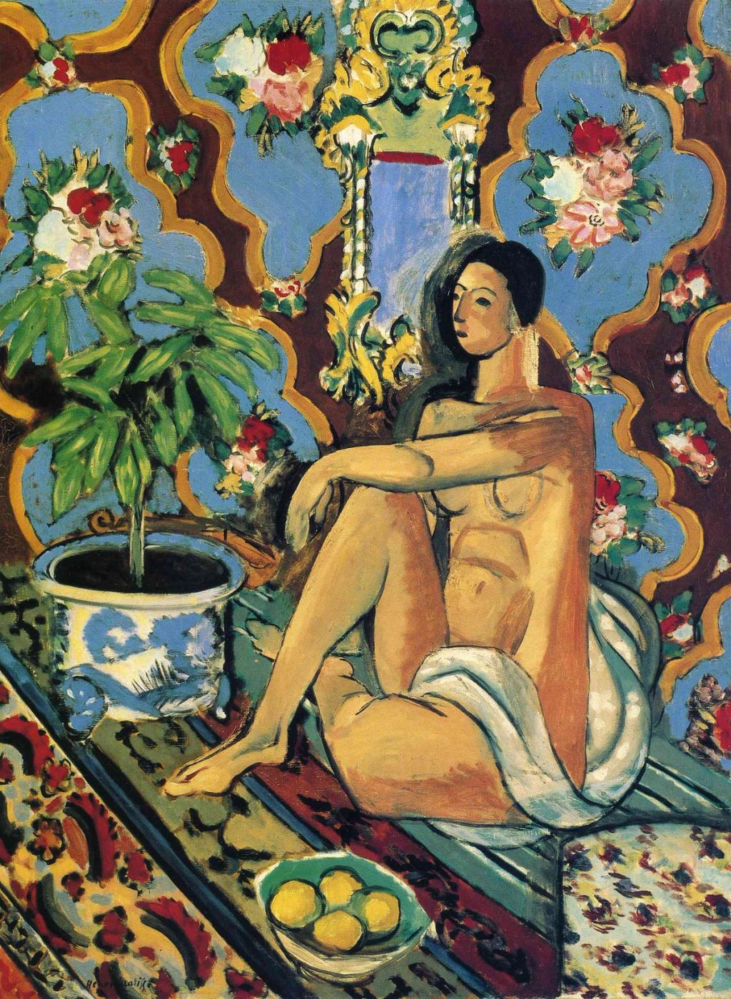 Matisse's painting Decorative Figure on an Ornamental Background: a seated nude against a patterned blue background