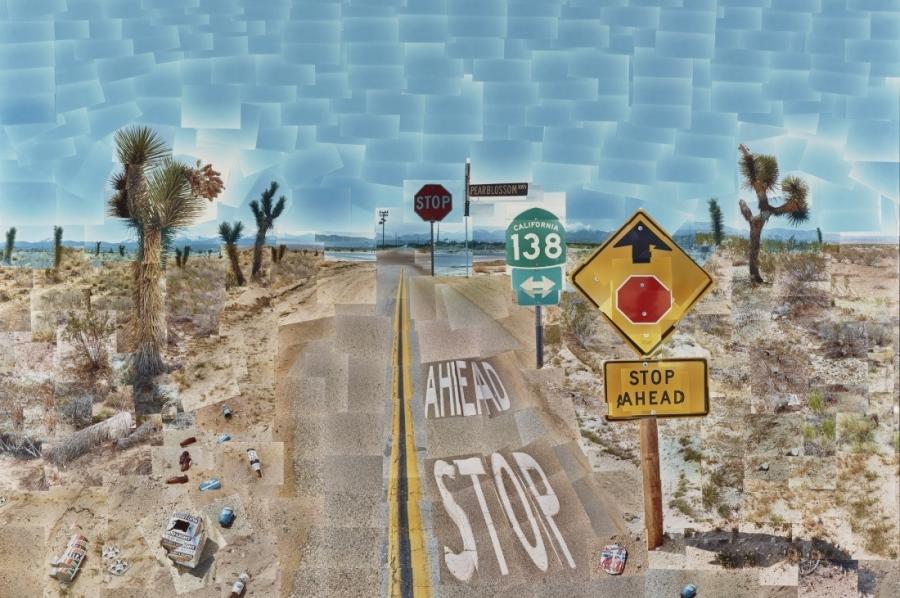Hockney's photo-collage Pearblossom Hwy: a desert road with road signs and sky