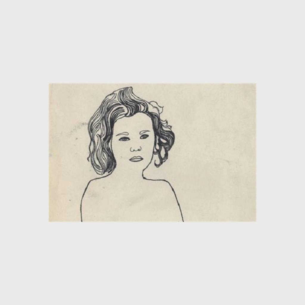Ink drawing: the face of a curly-haired child on yellowed paper