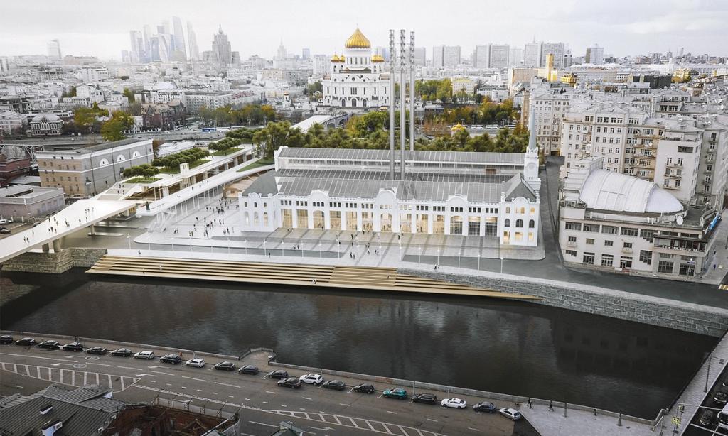 The GES-2 House of Culture in Moscow, with its two tall chimneys set against the city skyline
