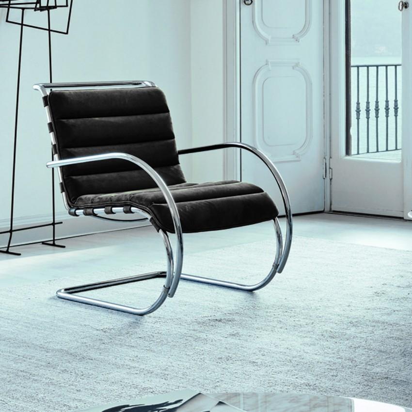 Mies van der Rohe's MR Lounge Chair with a cantilevered chrome frame and dark upholstery in an interior setting