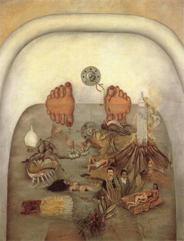 Frida Kahlo's painting What the Water Gave Me: feet in a bath surrounded by surrealist imagery on the water's surface.