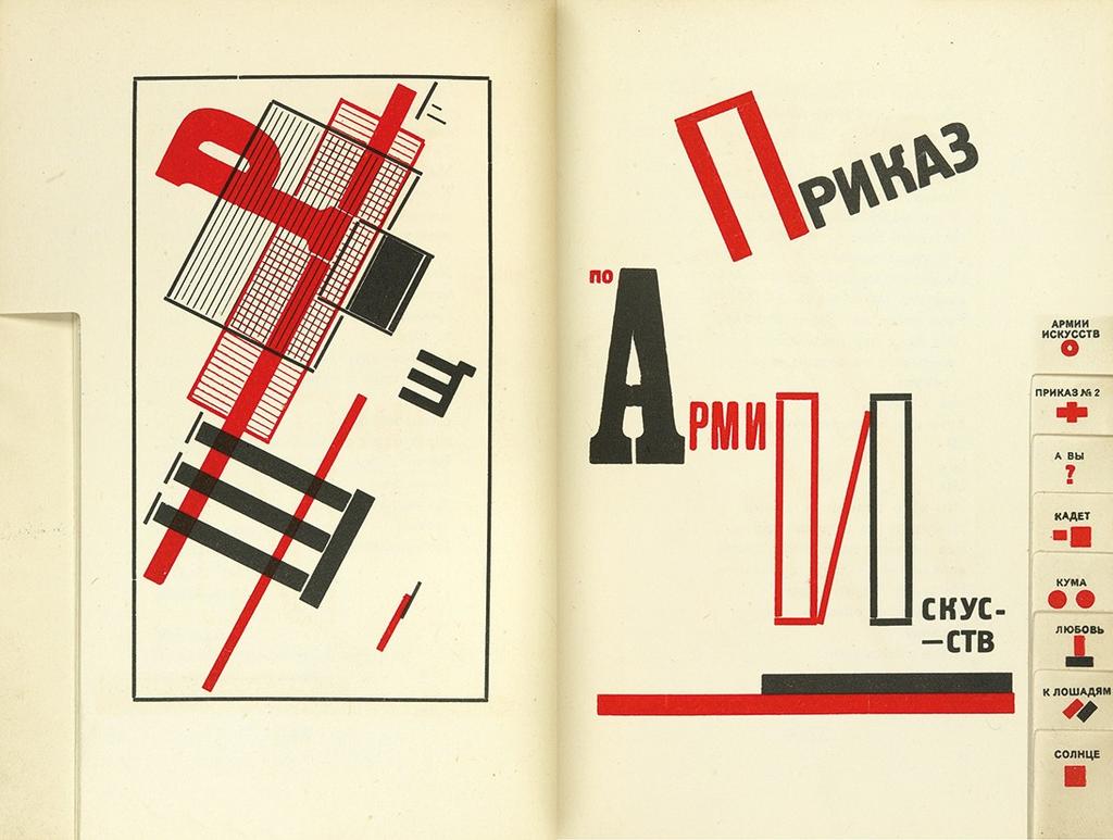 Spread from For the Voice with a Constructivist composition and the heading Order to the Army of Arts