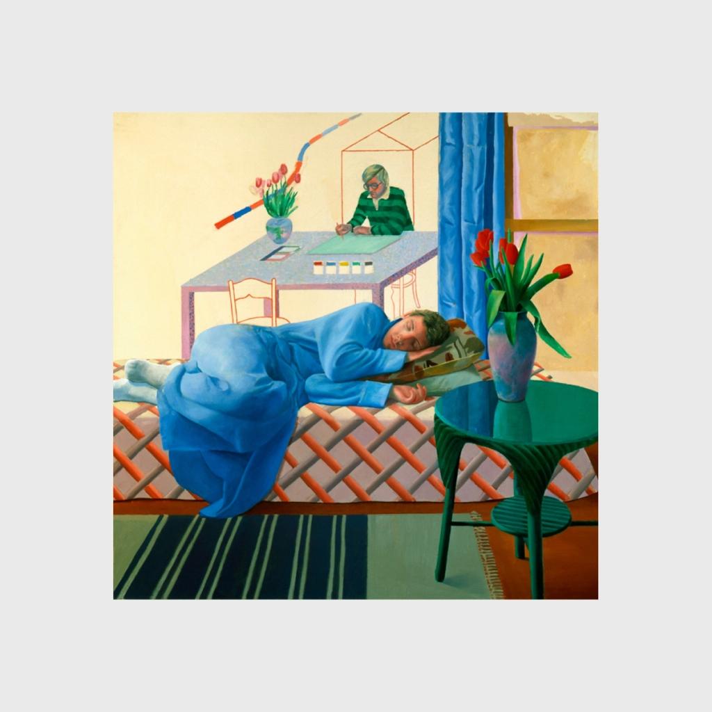 A Hockney painting: a woman sleeping in a blue dress and a figure at a table in an interior