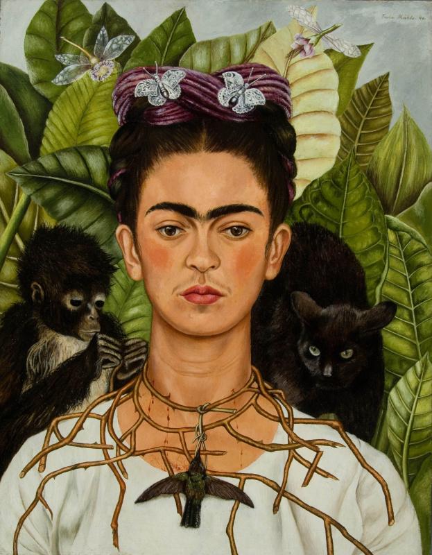 Frida Kahlo's self-portrait with a thorn necklace and hummingbird, a black monkey and a black cat behind her