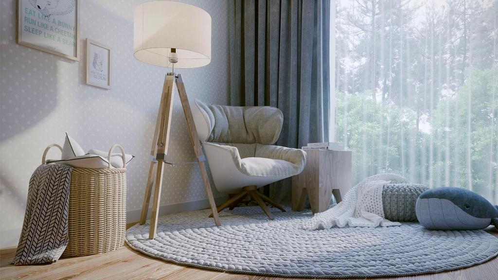 Children's room with a light armchair, a tripod floor lamp and a knitted rug by a panoramic window overlooking the forest