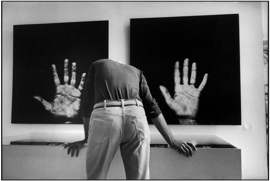 A man viewed from behind examines two large photographs of open palms in a gallery