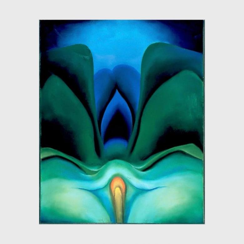 O'Keeffe's blue-green symmetrical abstraction with unfurling leaves