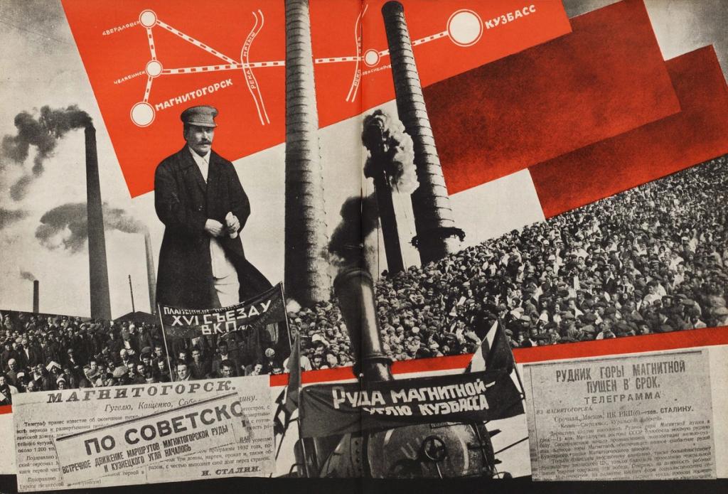 Photomontage: Stalin alongside the industry of Magnitogorsk and Kuzbass, factory chimneys, a crowd and newspaper cuttings