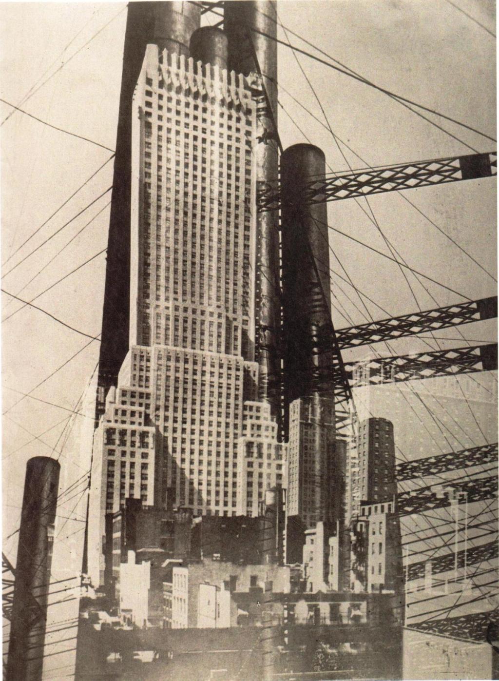 El Lissitzky photomontage with New York skyscrapers overlaid with pipes and cables