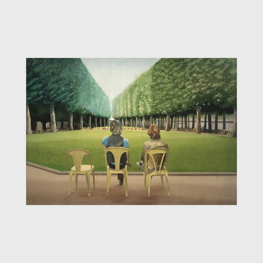 A Hockney painting: a couple seated on chairs before an avenue of clipped trees