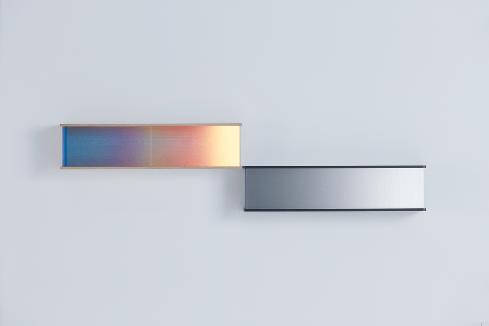 Two wall cabinets with sliding doors featuring an iridescent gradient