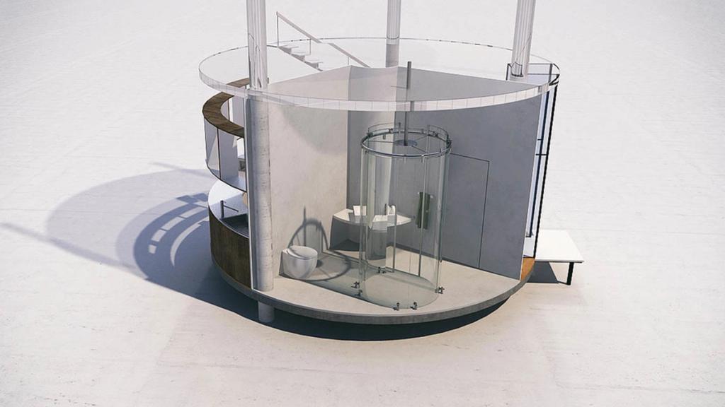 Three-dimensional model of the cylindrical house with a cross-section showing the bathroom