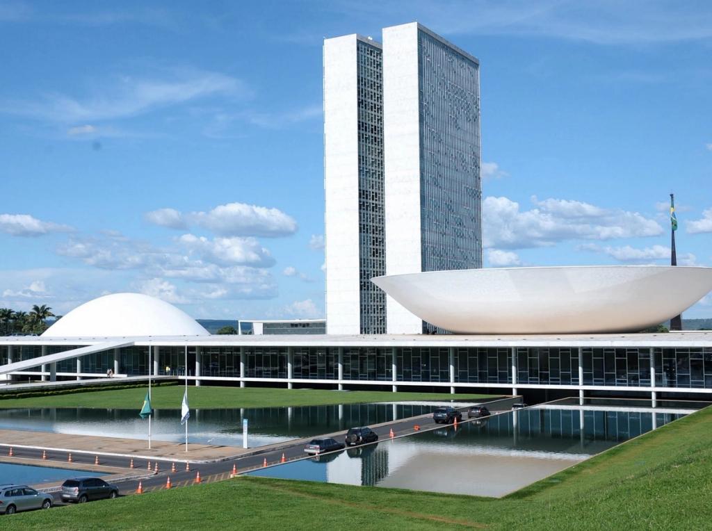 The National Congress of Brazil in Brasília, twin towers flanked by a dome and a bowl