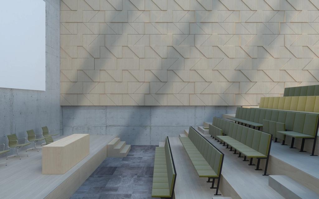 A hall with tiered green benches and a wall of light-toned wooden modules in raking sunlight