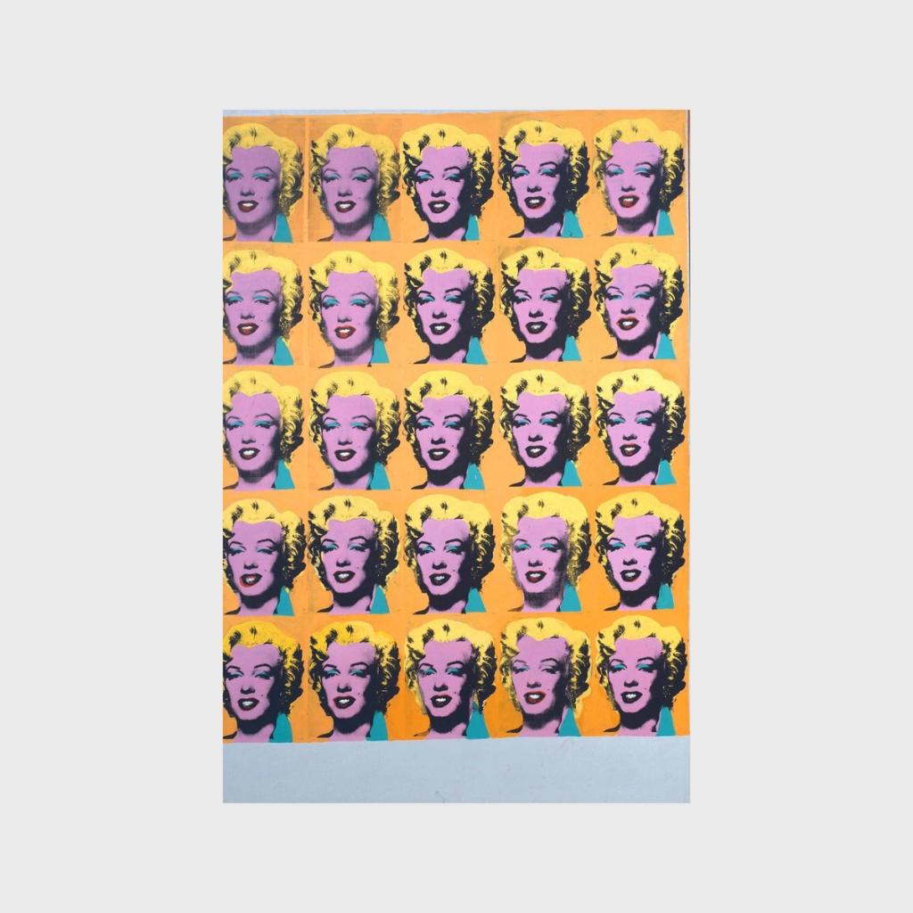 A silkscreen print featuring a repeated colour portrait of Marilyn Monroe against an orange background.