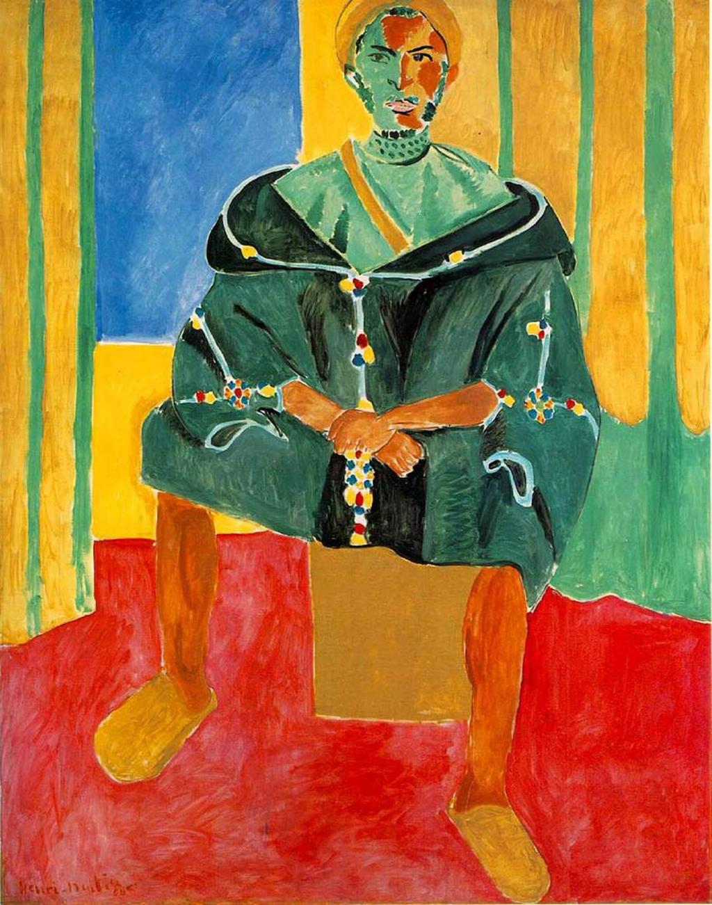 Matisse's painting Seated Riffian: a Moroccan man in a green djellaba against a red-and-yellow background