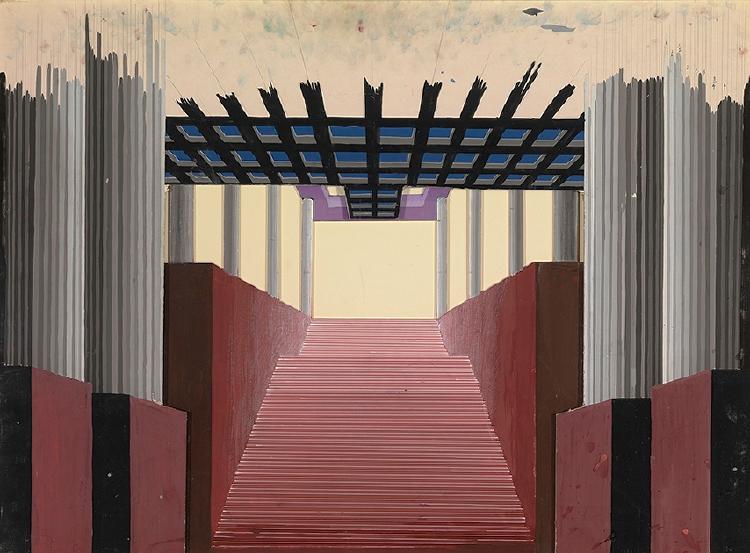 Hockney set design sketch: a red staircase beneath a black grille between columns