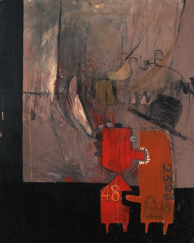An early abstract painting by David Hockney featuring a red figure and numerals on a grey background