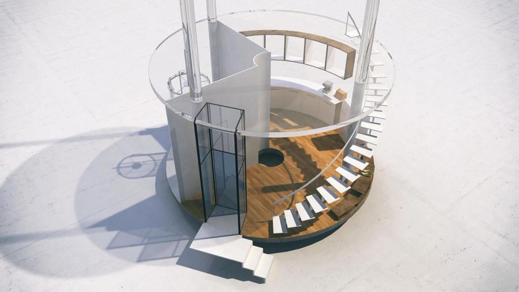 Model of the round house with a spiral staircase and wooden floor