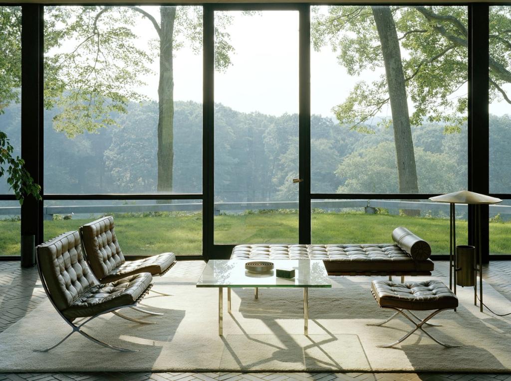 Interior of the Glass House with Barcelona chairs and a view across the meadow and forest