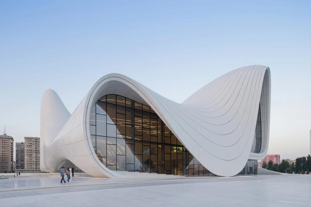 The white, wave-like Heydar Aliyev Center in Baku at sunset