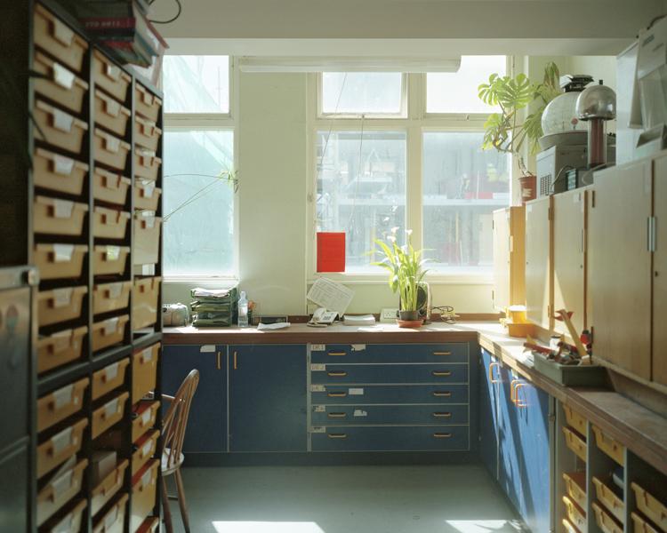 A sun-filled studio with blue plan chests and shelving units lined with filing drawers