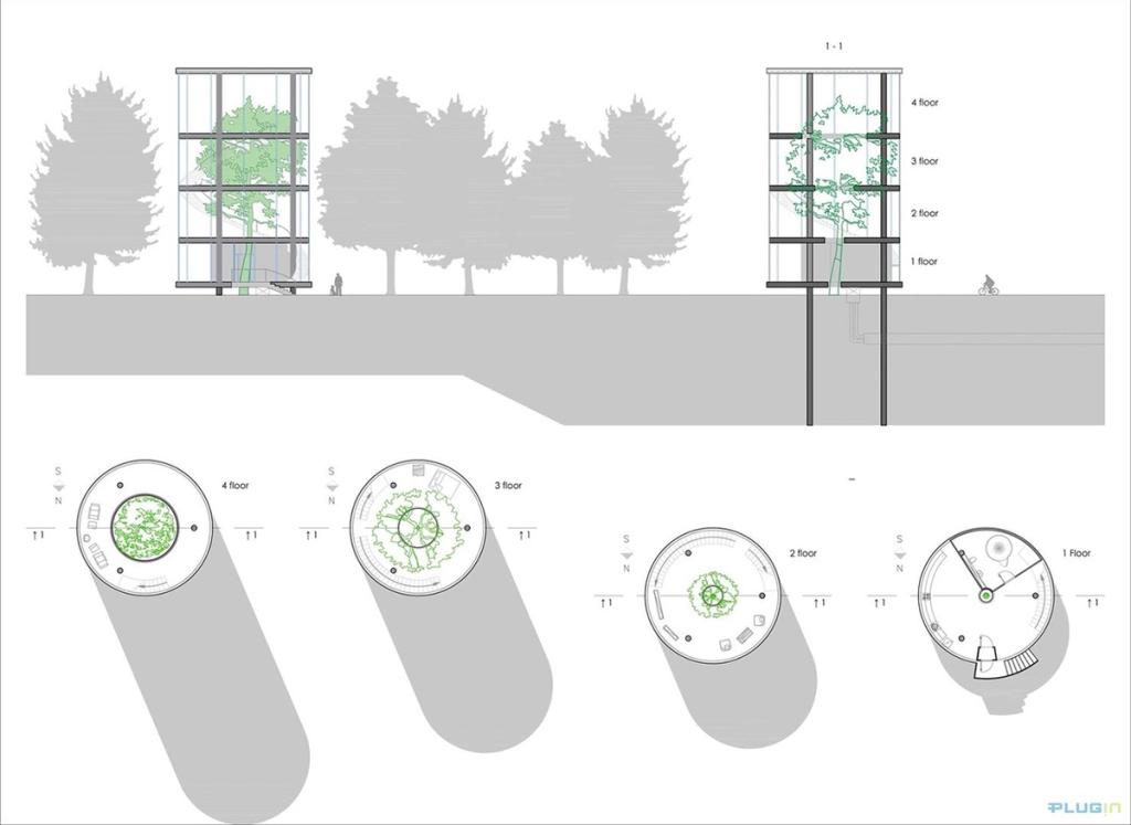 Architectural drawings of the cylindrical house: cross-section and plans of four floors