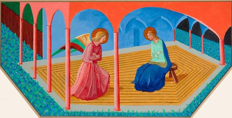 An Annunciation scene after Fra Angelico: an angel and Mary among pink columns
