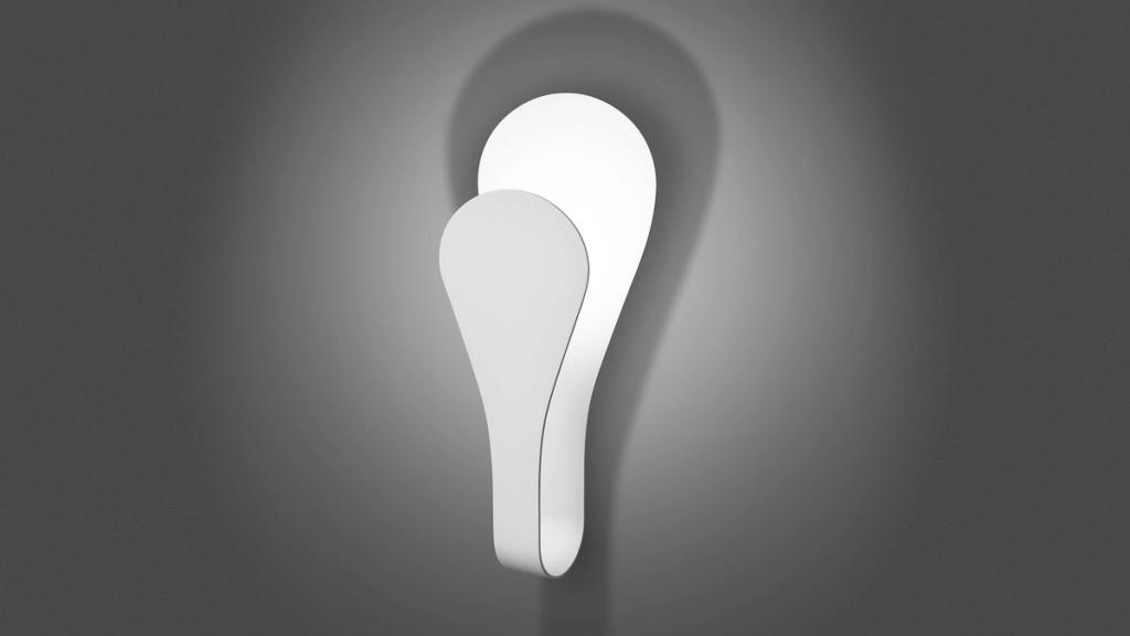 A white wall light in a teardrop form made from two overlapping petals, designed by Dima Loginov