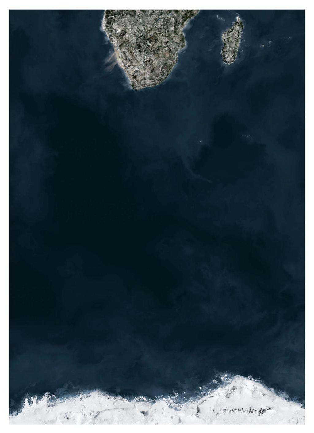 Satellite image of the ocean showing the southern tip of Africa, Madagascar and the ice shelf at the bottom