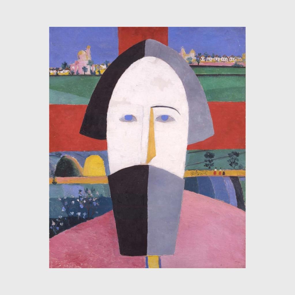Painting Head of a Peasant: a white featureless face against a background of multicoloured fields and villages