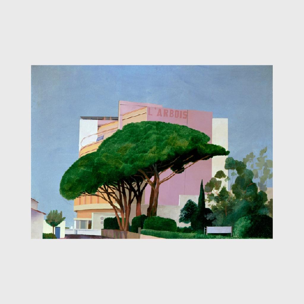 A Hockney painting of the pink building L'Arbois seen through a spreading Mediterranean pine