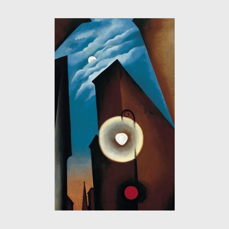 O'Keeffe painting: nocturnal New York with a moon, a street lamp and a red signal light