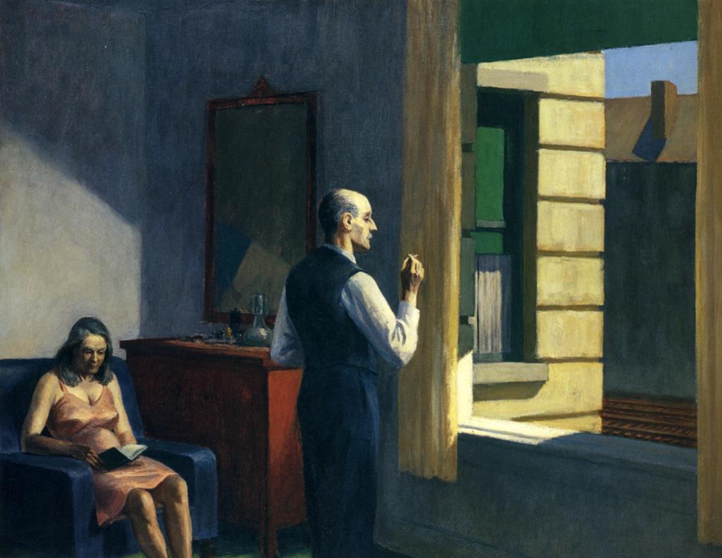 Hopper's Hotel by a Railroad: a man by the window and a woman with a book in a hotel room