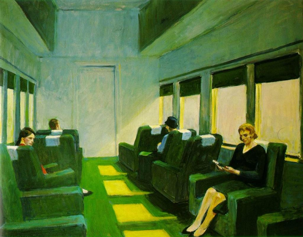 Hopper's Chair Car: passengers in green seats of a train beside light-filled windows