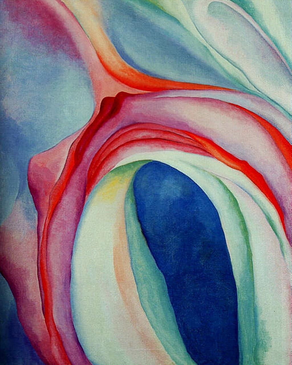 O'Keeffe's abstraction of curved pink, red, blue and green forms