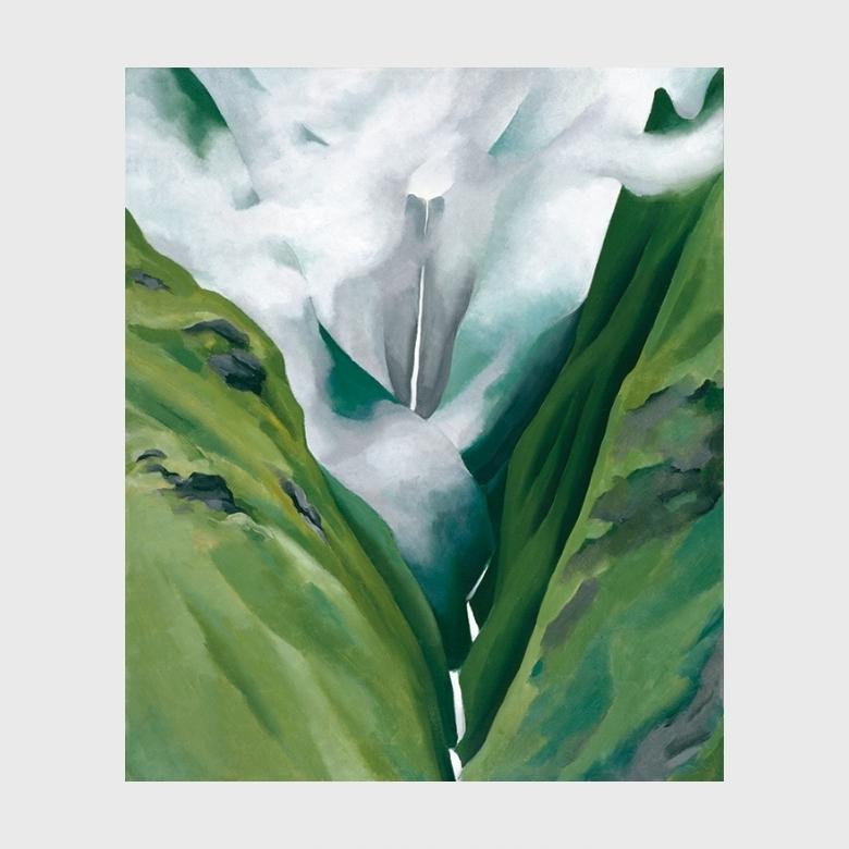 O'Keeffe painting: a white-green waterfall between green slopes, Hawaii