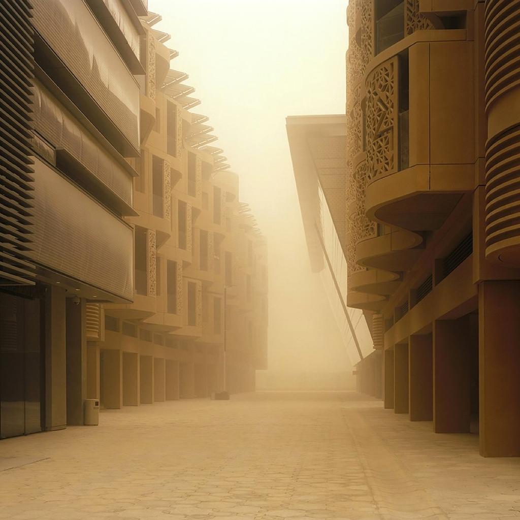 A pedestrian street in Masdar City, veiled in a sandy haze, running between buildings with ornamental lattice facades