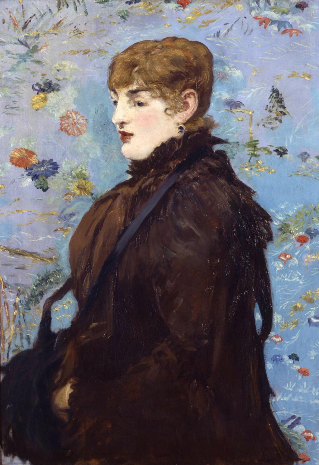 Manet's painting Autumn: a woman's profile in a brown fur cape against a floral background