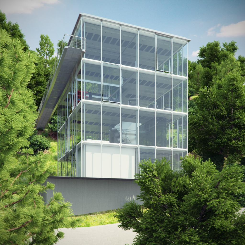Werner Sobek's four-storey glass house R-128 on a hillside