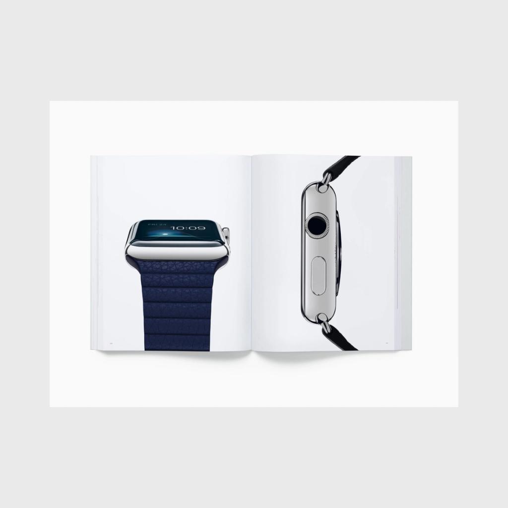 A spread featuring the Apple Watch on a blue leather strap and a side-on view
