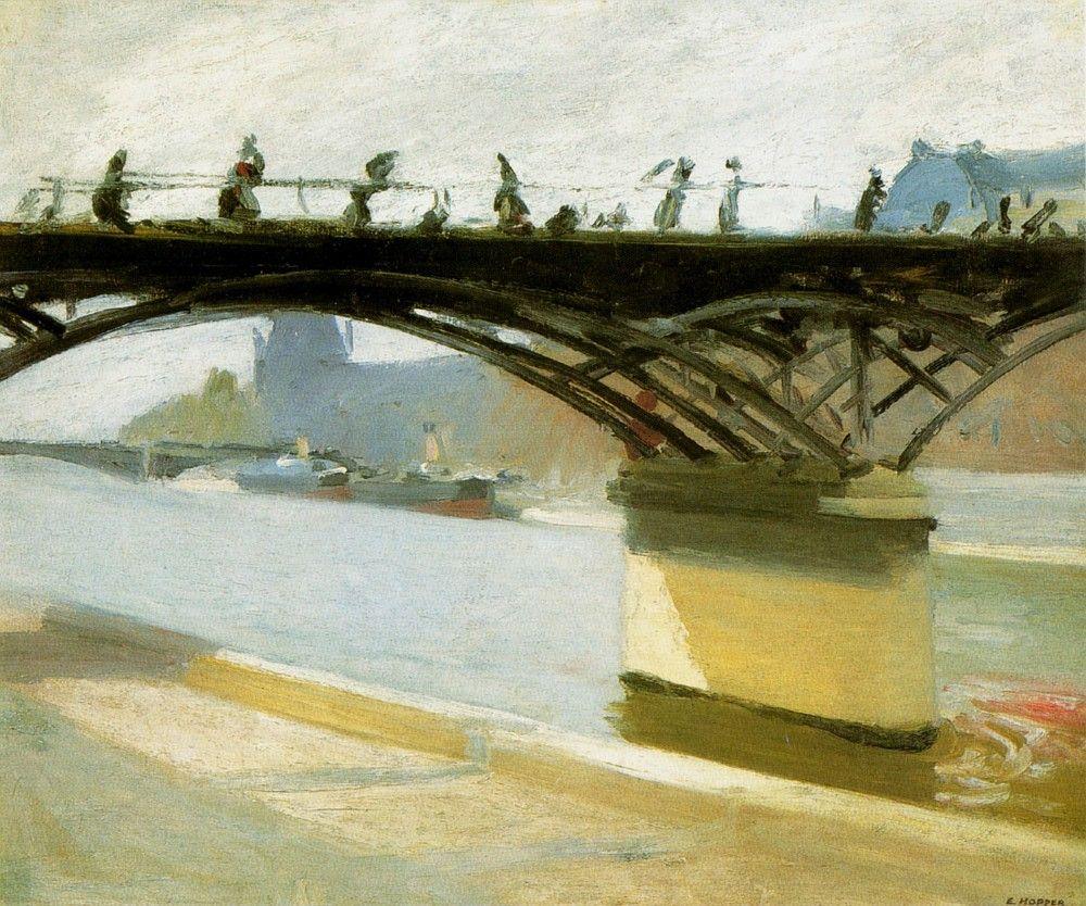 A painting by Hopper: pedestrians on a metal bridge over the Seine in Paris